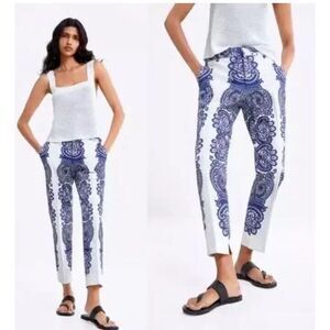 Zara Blue Paisley Printed Chino Ankle Trouser Pant Size 8